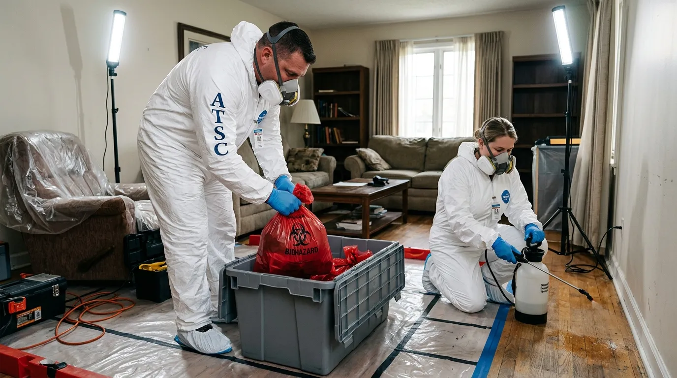 Professional Hoarding Cleanup technician in full PPE working in Bonne Terre